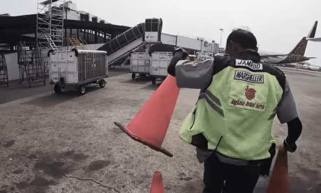 gambar tukang parkir pesawat yang sedang bekerja di bandara